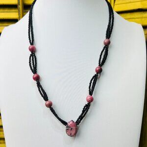 Stunning Artisan Pink Rhodonite and Black seed bead Necklace